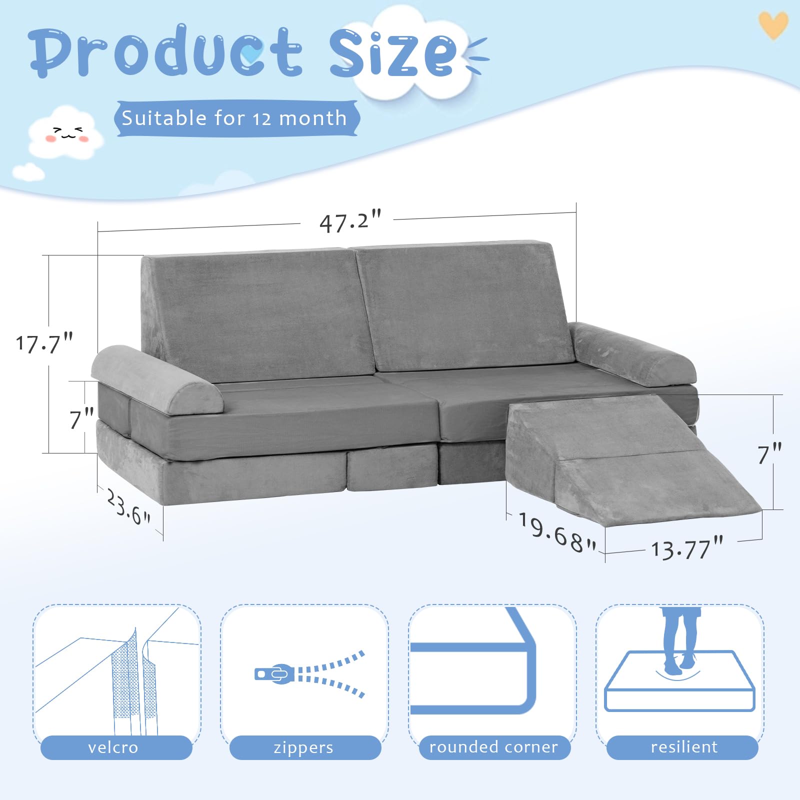 MOOZHEALTH Kids Play Couch- Modular Playset Foam Climbing Blocks for Toddlers Children with Square Ball Pit,Convertible Foam Couch Sofa Indoor Furniture for Playroom, Bedroom(Gray)