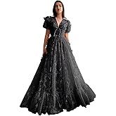 Zepumen Puffy Sleeve Tulle Prom Dresses for Women 3D Butterfly Long Applique Formal Evening Party Gown