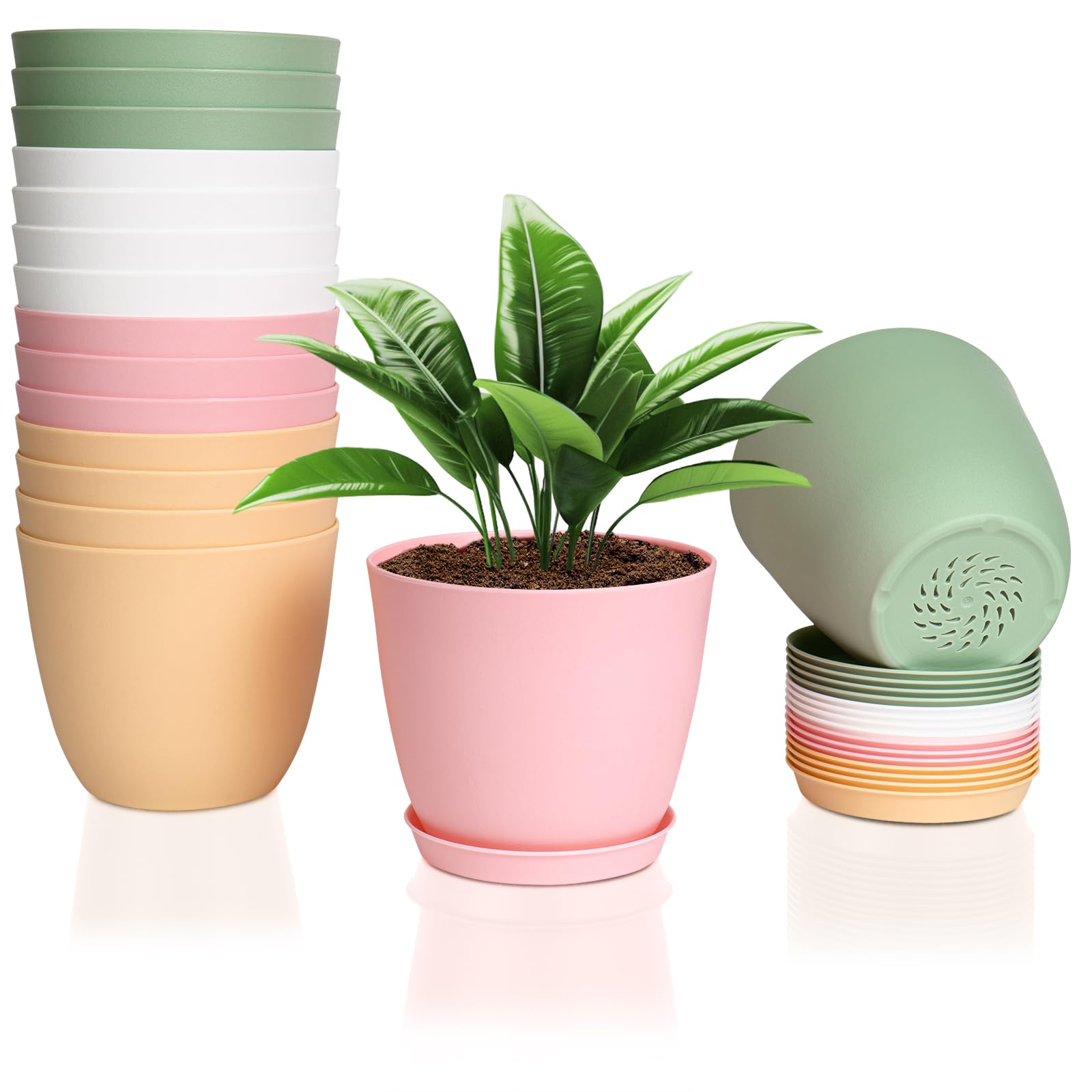 FORAGIFT 16 Pack 15cm Plastic Plant Pots for Indoor Flower Pots, Heavy Duty and Stylish Plant Pots for Indoor Plants with Drainage Holes and Tray for Plants, Flowers, Colourful