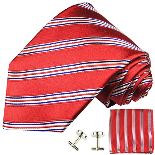 Red, white and blue silk tie, pocket square and cufflin…