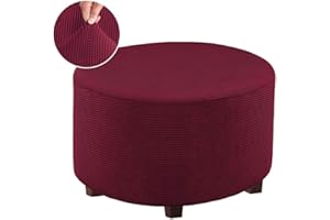 VIENLOVE Round Ottoman Slipcover Polyester Blend Footstool Protector Covers Stretch with Elastic Bottom Feature Textured Machine Washable Jacquard Fabric (Burgundy, X-Large Size)