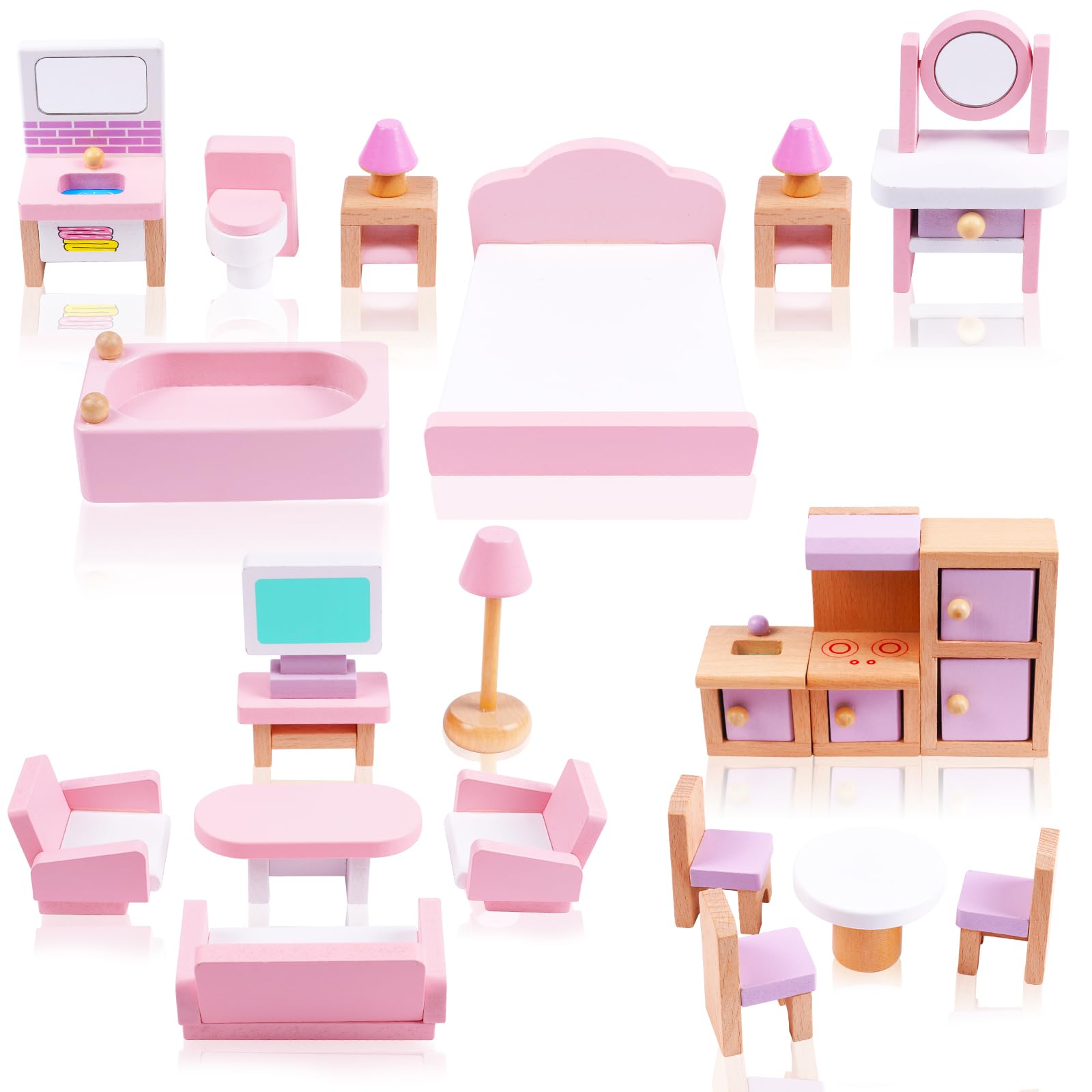 HOTUT Wooden Dollhouse Furniture Set, 22 Pcs Pretend Play Furniture Toys 1:12 Scale Bathroom Bedroom Living Room Kitchen, Mini Dollhouse Accessories Pretend Play Furniture Toys Gift for Boys Girls 3Y+