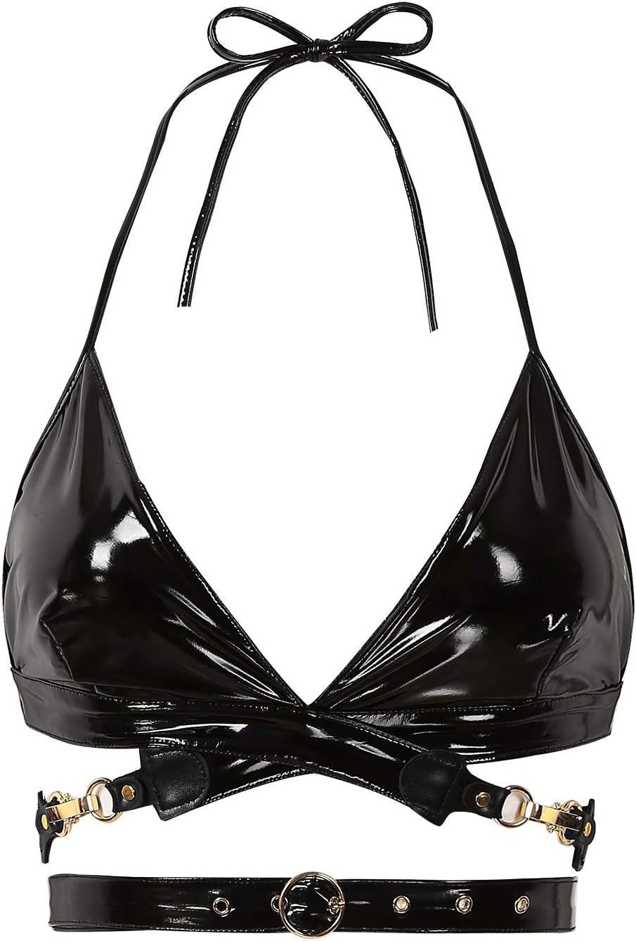 Haitryli Sujetador de piel de patente metálico brillante para mujer