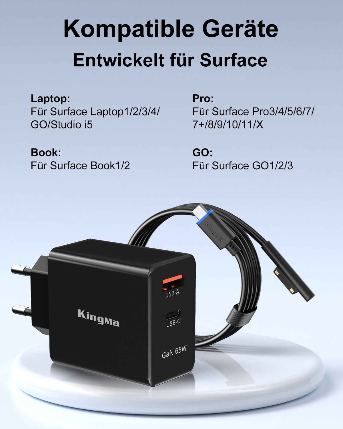 65W Surface ladekabel mit GaN Schnellladegerät für Microsoft Surface, Dual-Ports (USB-C & USB-A), Kompatibel mit Surface Pro 3-11/X, Book, Go, Surface Laptop Studio, Inkl.1,5m Surface ladekabel 4