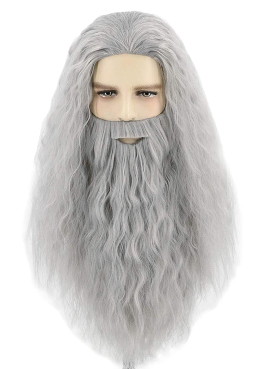 Topcosplay Wig and Beard Men's Long Grey Cosplay Wizard Sorcerer Prophet Wig for Carnival Halloween Costume