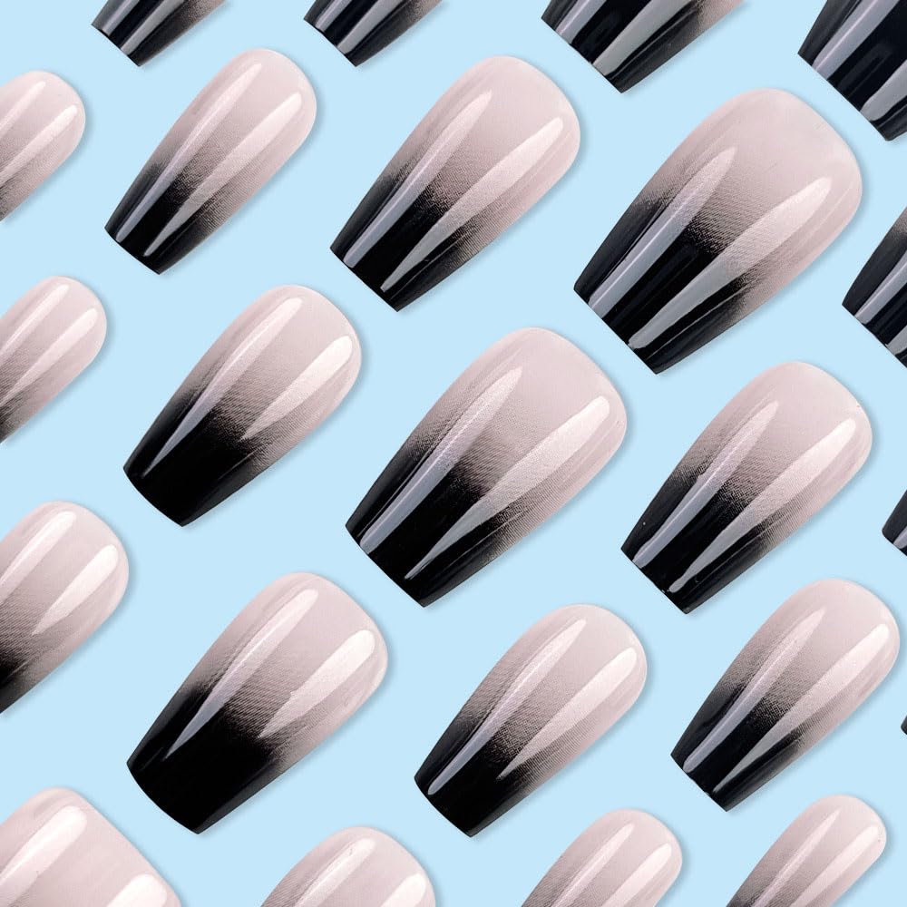 24 Pcs Black White Ombre Press on Nails Short Square - MINGCHUN Summer Fake Nails Press ons Nails Tips Design Full Cover French False Nails Glue on Nails Stick on Nails Acrylic Nail Art DIY for Women - Image 3
