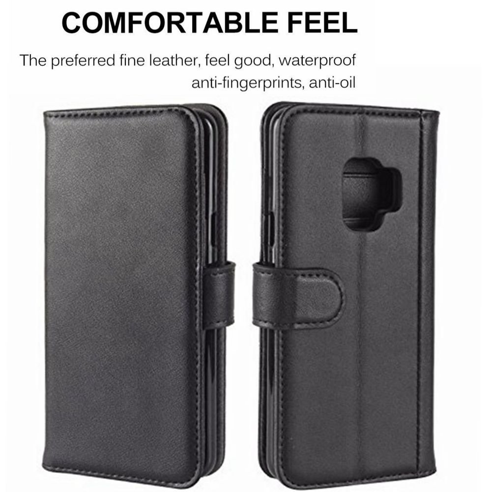 Samsung Galaxy S9 Plus Wallet Case Waterproof, PRODELI Slim Genuine Leather Folio Flip Phone Case Cover Protective Pouch [Magnetic Clasp Closure] [ID Card & Cash Slot] [Folding Kickstand] (Black)
