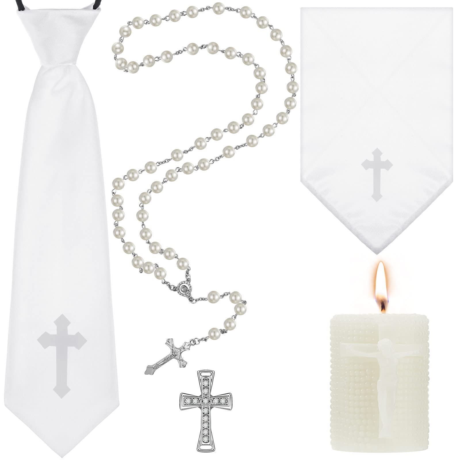 Photo 1 of 5 Pieces First Holy Communion Accessories Communion Set Including 1 Tie 1 Folded Handkerchief Embroidered with the Cross 1 Cross Pin 1 Pearl Rosary 1 Cross Candle for Baptism