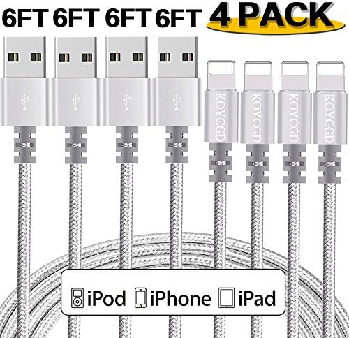 Lightning Cable KOYCGD,iPhone Charger 6FT USB Charging Cable Nylon Braided Cord for iPhone iPod iPad Mini Air Pro and More (4 PACK Silver)