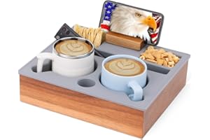 Hitseon Couch Cup Holder Tray, Portable Silicone Acacia Wooden Double Cup Holder for Couch, TV Tray with 360°Rotating Phone & Pad Holder, Anti-Spill TV Tray for Living Room Car Grey