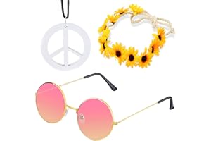 Beelittle Women Hippie Costume Set - 60's 70s Style Retro Vintage Glasses Peace Sign Necklace Sunflower Crown Hair Band