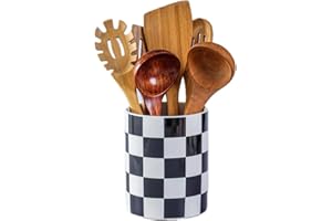 YOSCO Kitchen Utensil Holder, 6.3 Inch Checkered Ceramic Cooking Utensil Holder Modern Utensil Crocks for Kitchen Counter-Far