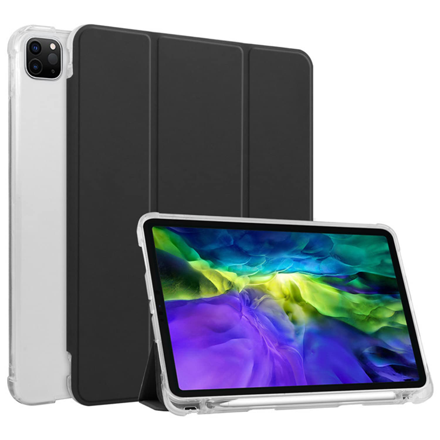 HUEZOE Case Compatible with iPad Pro 11 Inch, Model 2021/2020/2018, Soft TPU Transparent Back Cover Folding Stand Protective Case with Pen Holder, Auto Sleep/Wake, Black