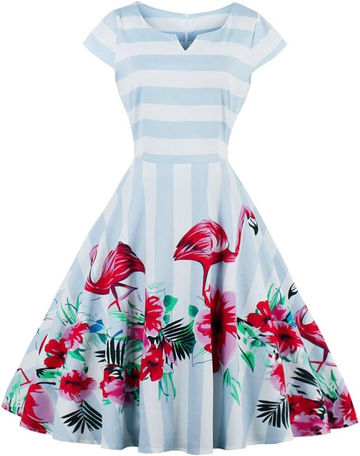 VENFLON Women Vintage Summer Floral Short Sleeve Dress Evening Party Dress Cocktail Dress(20)