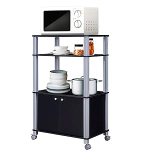 Giantex Rolling Kitchen Baker’s Rack Microwave Oven Stand Utility Cart Multifunctional Display Shelf on Wheels with 2-Tier Shelf and Cabinet Spice Organizer for Kitchen Dining Room Furniture (Black)