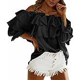 Byinns Women's Off Shoulder Ruffle Trendy Summer Fashion Long Sleeve Blouse Sexy Dressy Casual Outfits Layered Tops