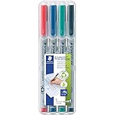 STAEDTLER Lumocolor Non-Permanent Universal Pen: Set of 4 Markers, Assorted Colors, Superfine Felt Tip 0.4mm - Multi Surface, Quick Dry &amp; Water-Soluble Ink - For Home, School &amp; Office