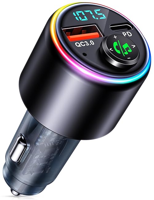 CIRYCASE Bluetooth 5.3 Car Adapter, Type-C PD 30W & QC3.0 18W USB Car Charger, Cigarette Lighter Car Bluetooth FM Transmitter for Music & Hands-Free Call, Joystick Button Design & 7 Colors LED Backlit