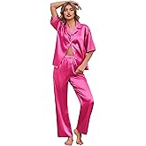 Ekouaer Silk Satin Pajamas Set Women Short Sleeve Pj Sets Button Down Sleepwear 2 Piece Soft Loungewear S-XXL