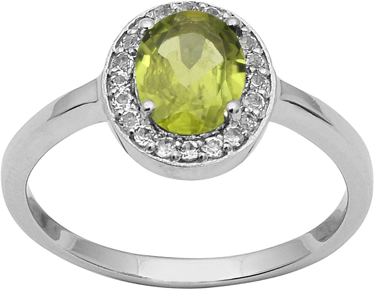 Peridot Gemstone White Cubic Zircon 925 Sterling Silver Ring (L