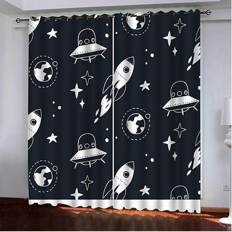 Amazon 遮光カーテン 遮熱 防音 防寒 断熱 2枚組 セット 幅100 178cm丈 黒いカーテン 漫画の宇宙船 ロケット カーテン オンライン通販