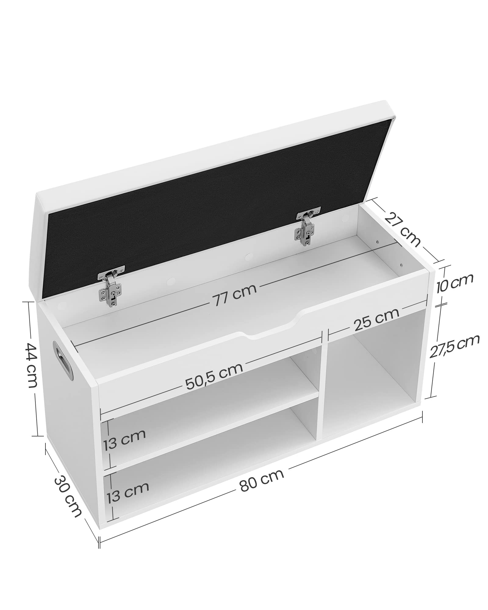 VASAGLE Schuhbank mit Sitzfläche, Sitzbank mit Stauraum, gepolstert, 3 offene Fächer, Fach unter Sitzkissen, Schuhregal für Wohnzimmer, Flur, bis 136 kg belastbar, wolkenweiß LHS30W 7