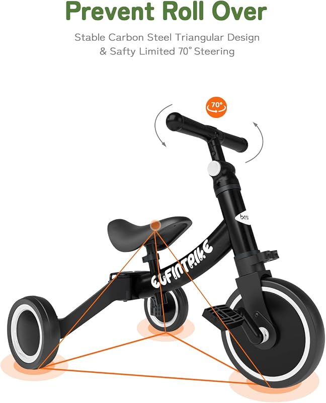 Besrey triciclos infantis, bicicleta multifuncional 5 em 1, adequado para crianças de 1 a 4 anos, triciclo, bicicleta, carro de equilíbrio, andador, altura do assento ajustável, preto