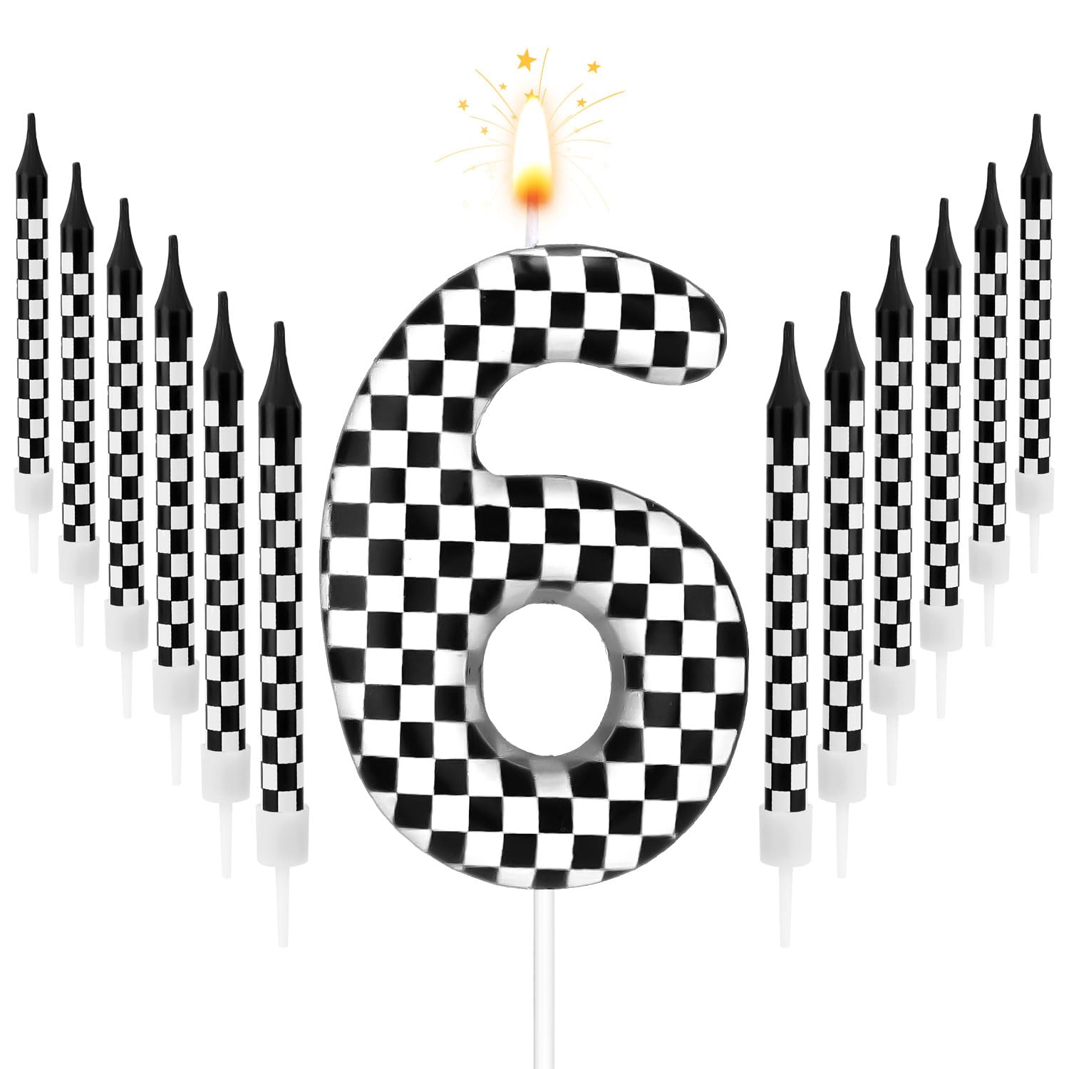 Photo 1 of 13pcs Racing Cars Birthday Candles, Black and White Checkered Candles Birthday Number Candle Cake Topper for Boys Kids Baby Shower Racing Car Theme Party Decoration Supplies (Number 6)