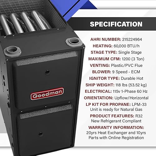 Goodman 60,000 BTU Ton 92% AFUE Low Nox Propane Gas Furnace with