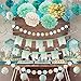 SUNBEAUTY Mint Gold Birthday Decorations Mint White Happy Birthday Banner Paper Pom Poms Flowers Green Hanging Swirls Baby Shower 1st Birthday Bridal Shower Party Supplies