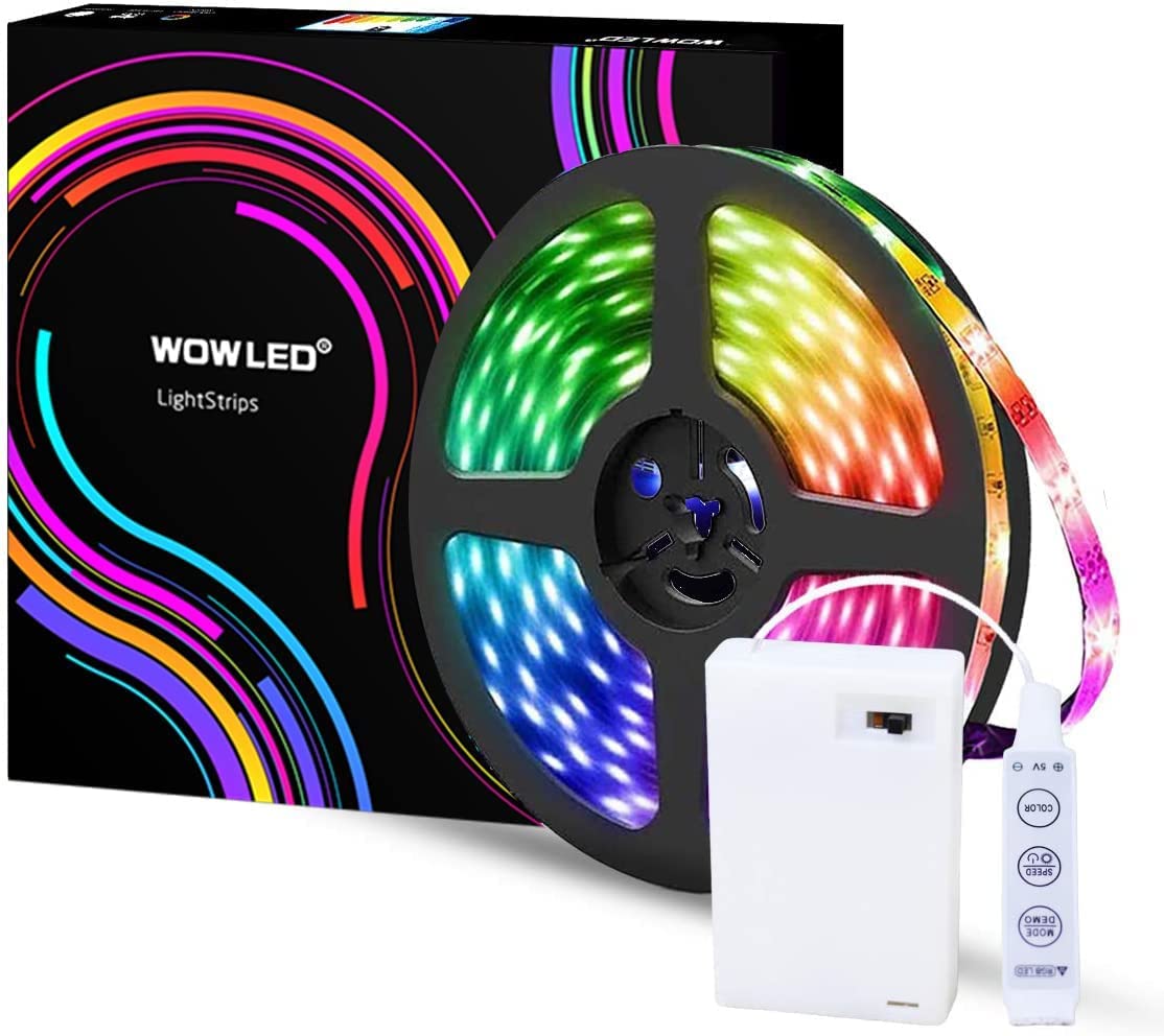 WOWLED 6.6ft (2M) RGB LED Strip Lights Powered by Battery, Multicolor Flexible Color Changing Tape Light Mood Light for TV Backlights DIY Party Home Decor