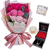 EIGHTOWN Roses Bouquet Artificial Flower - Preserved Red Flowers with Love Necklace for Her - Unique Gifts Valentine's Day, Mother's Day, Thanksgiving, Birthday, Anniversary… (Hotpink)
