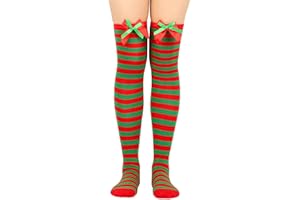 Women's Over The Knee Christmas Striped Stockings Red Green Holidays Thigh High Long Socks with Bows Xmas Outfits