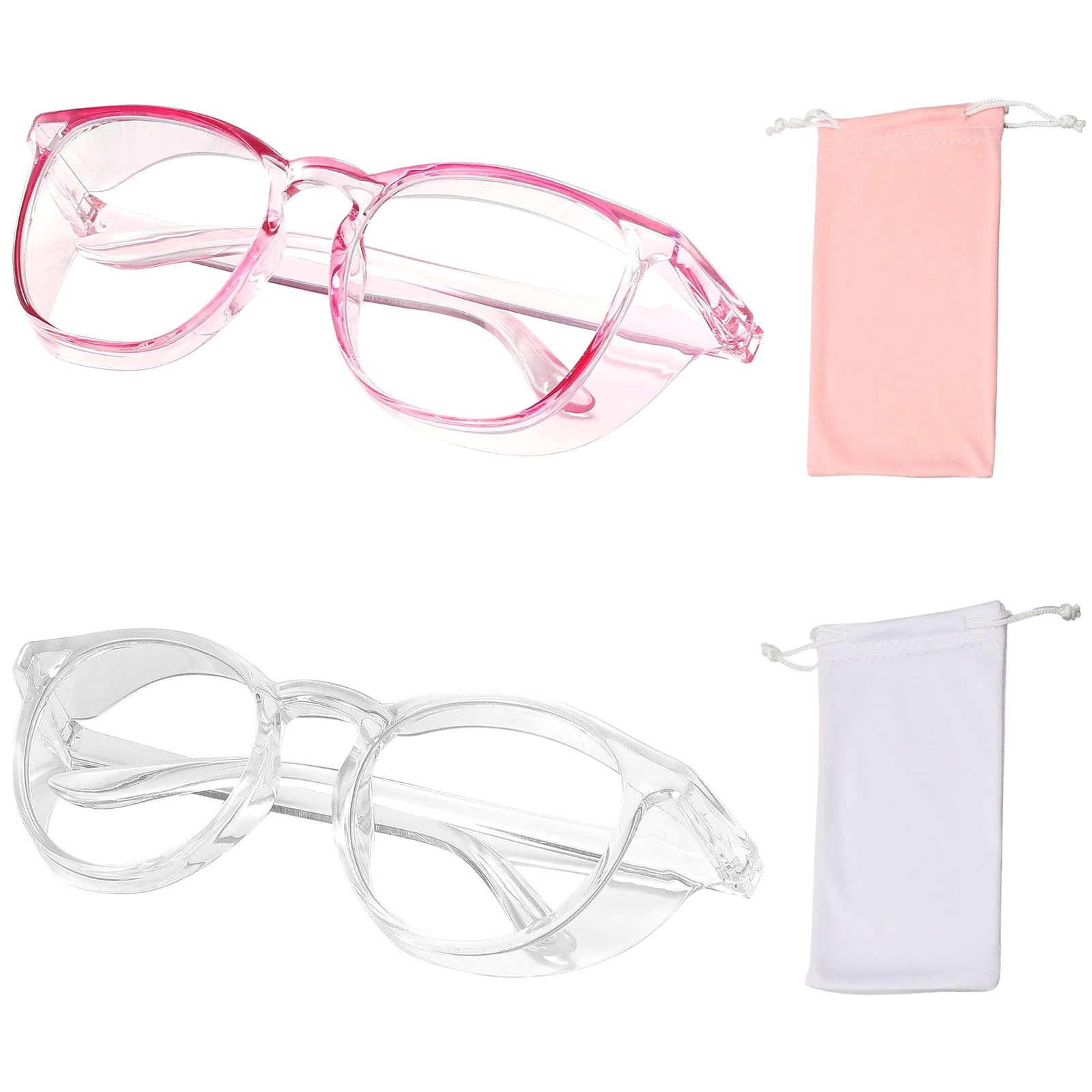 TPBSITNS 2PCS Safety Glasses Anti Fog Goggles with Side Shields, Stylish Blue Light Blocking Glasses Clear Lens with 2PCS Storage Bag, Anti UV Eye Protection Glasses for Women Men (Pink + Transparent)
