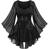 Rosegal Plus Size Women Romantic Goth Bell Sleeves Rose Top | Romantic Gothic Bell Sleeves Tee, Lave-up Corset Top, Flare Sleeves Renaissance Top, Witch Costume Blouse Shirt