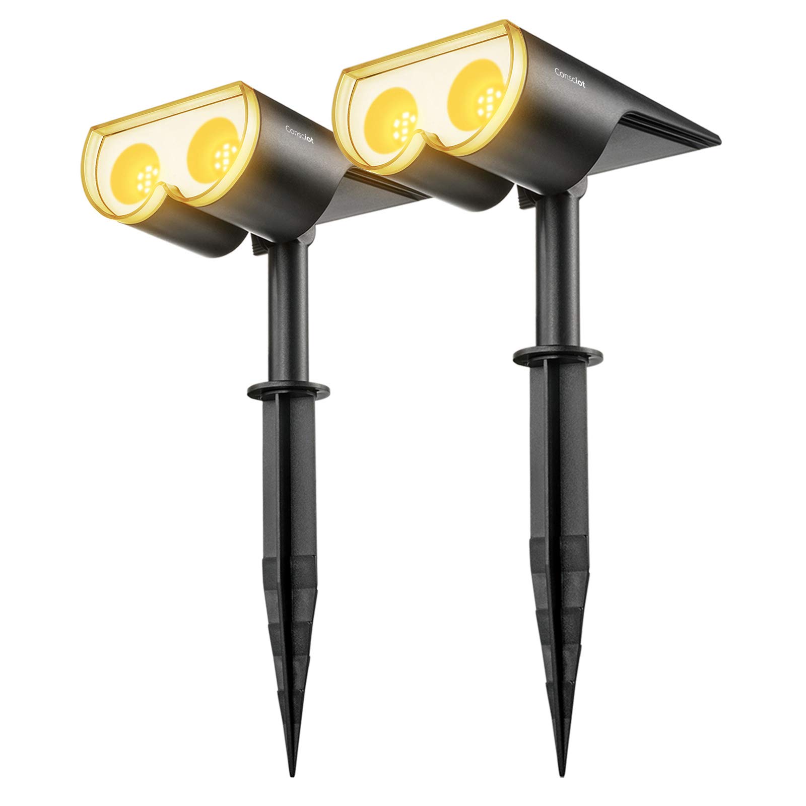 Consciot OC-GL-034B Dusk-to-Dawn 16 LED Landscape Spotlights, 650LM IP67 Waterproof Solar Powered Outdoor, Wireless Wall Light for Garden Yard Patio Walkway, 2 Pack, Warm White 3000K, 2