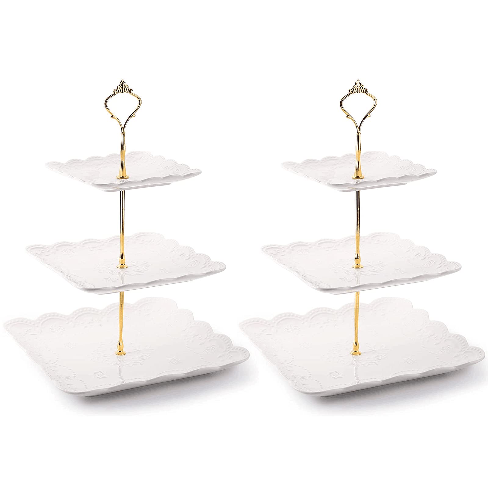 Photo 1 of Tebery 2 Pack 3-Tier White Ceramic Embossed Dessert Cake Tower Stand with Gold Carry Handle, Cupcake Stand Serving Trays, Porcelain Party Food Server Display Holder