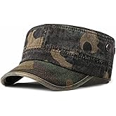 Military Flat Top Cap, Washed Cotton Vintage Adjustable Cadet Army Camo Hat, Outdoor Camping Baseball Cap for Men Women