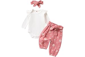 DYKATE Newborn Baby Girl Clothes Rib Knit Romper Daisy Print Pants Infant Girl Outfit with Headband