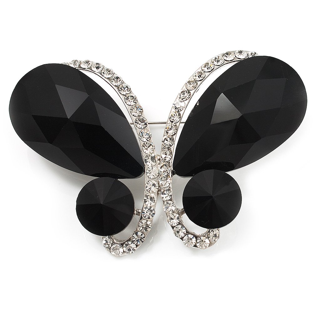 Statement Oversized Jet Black Crystal Butterfly Brooch (Silver Tone)