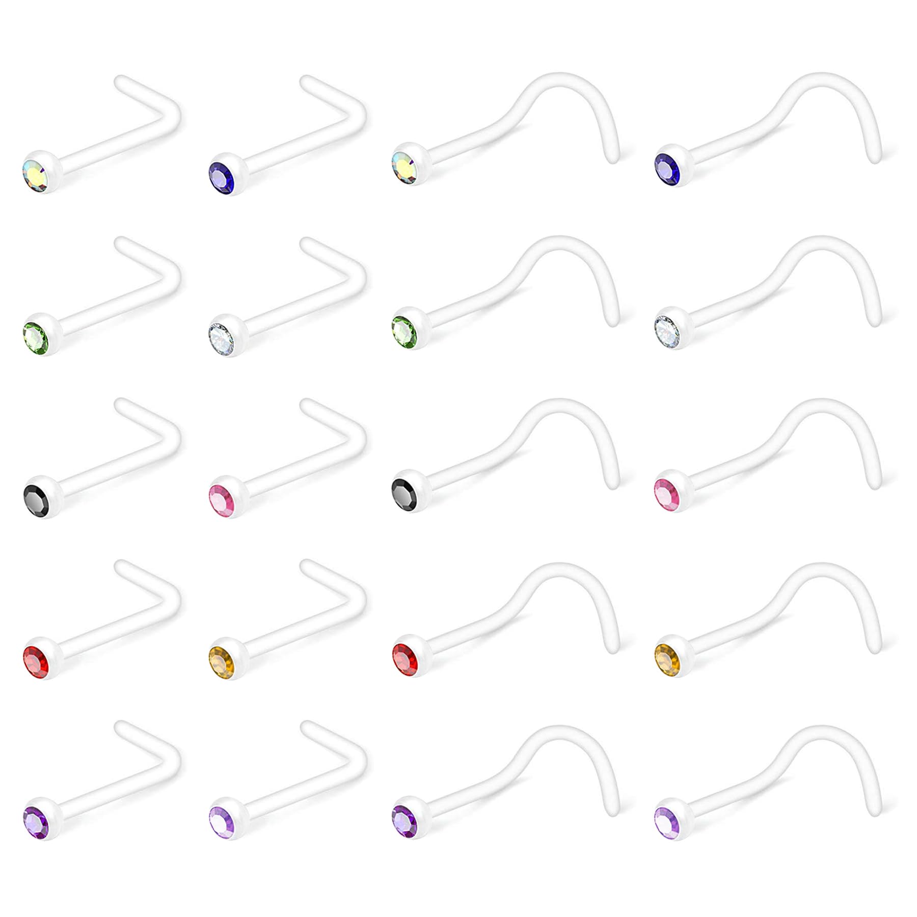 Crdifu 20pcs Nose Ring Stud Retainers Screw L Shape Nose Bone Flexible Bioflex Plastik 20G with Crystal Piercing
