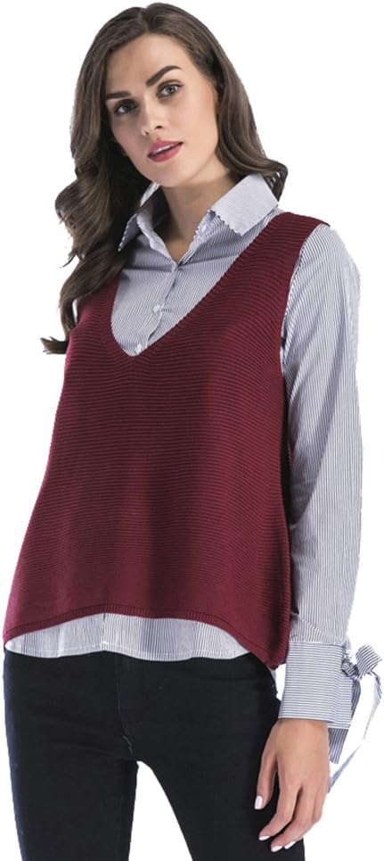 Women's Sleeveless Pullover Sweater Knit Deep V Neck Vest Knitted Waistcoat Loose Sweater Vests