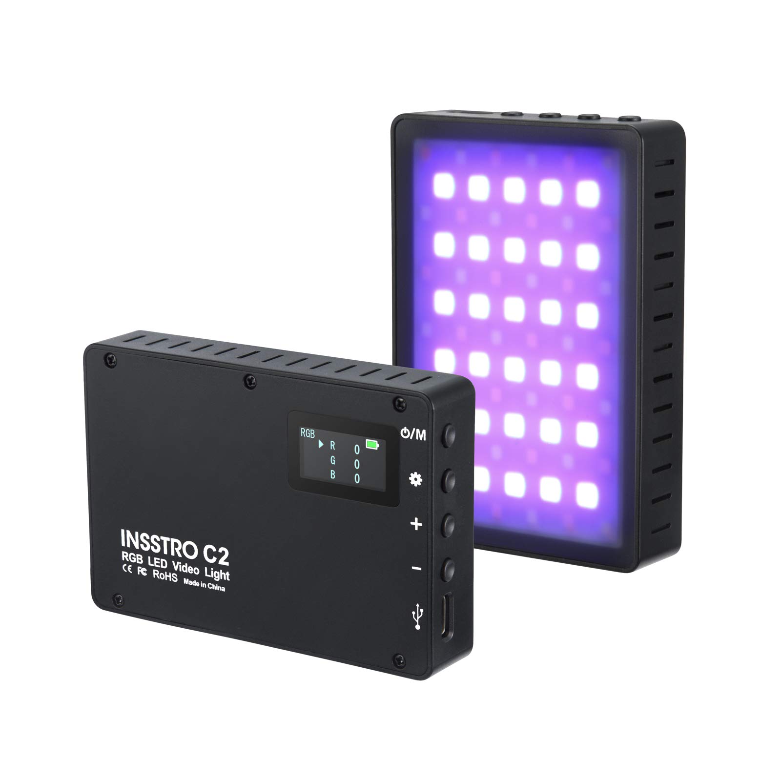INSSTRO C2 Mini RGB LED Video Light, 0-360 Full Color RGB Light with Diffuser for Camera Camcorder, Rechargeable Pocket Size Video Light with 2500k-8500k Color Range, Support CCT/HSI/RGB & SECEN MODE