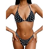 WDIRARA Women's Polka Dots Halter Bikini Set Triangle Thong Swimsuit 2 Piece Bathing Suit