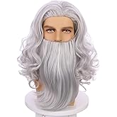 Ufindcos Boys Grey Wig with Beard Gray Wavy Wigs for Kids Child Sliver Wig Boys Party Halloween Cosplay Synthetic Wigs