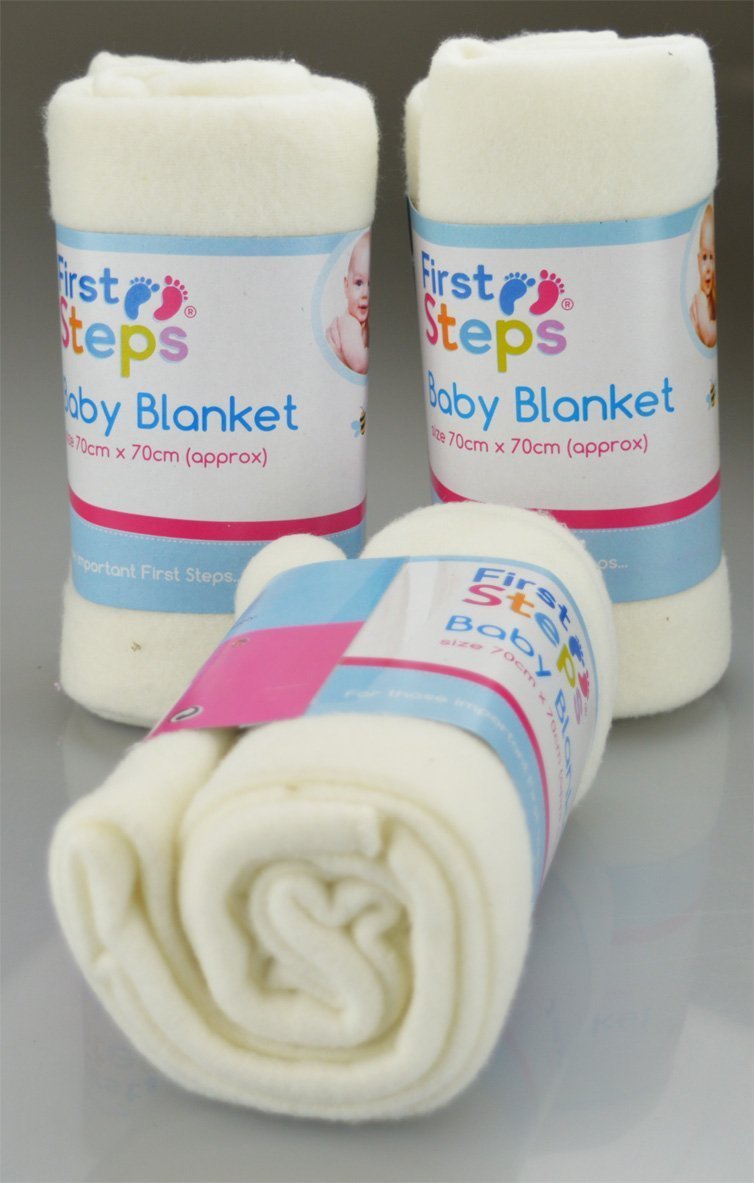 First Steps Pack of 3 Fleece Baby Blankets for Pram, Crib, Moses Basket or Bed 70x70cm
