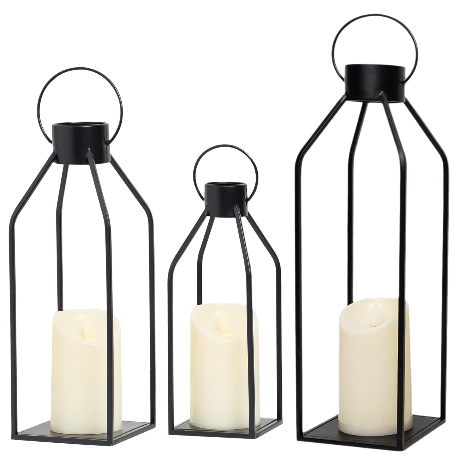 Photo 1 of 3 Pcs Black Metal Candle Lanterns Decorative,Modern Farmhouse Lantern Decor with 3 Realistic Flickering Candles,Rustic Candle Holder for Indoor,Outdoor,Tabletop,Porch