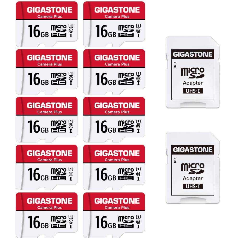 Gigastone 16GB Memory Card Pack of 10 Cards, Camera Plus Series, Speed Up to 85MB/s. Ideal for Full HD Video Gopro Camera Drone U1 C10 Micro SDHC Card with Mini Case and SD Adapter.