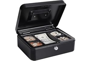Cash Box with Money Tray and Lock, Lovndi Metal money Box for Cash, Lockbox 9.84 x 7.87 x 3.54 Inches, Black