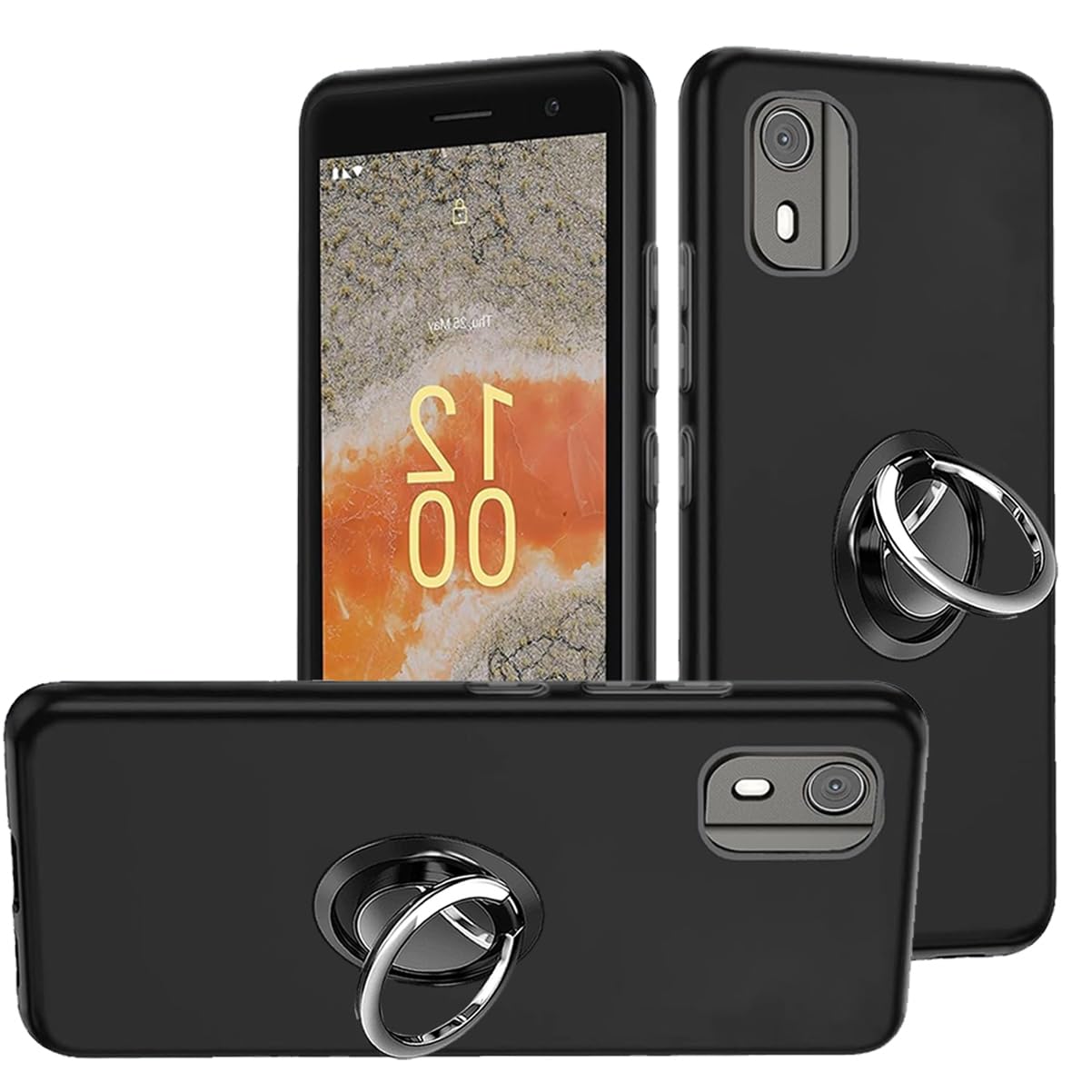 HuiYouMY 2-in-1 Case + Phone holder Ring Compatible with Nokia C02 Cover for Nokia C02, Slim Fit Soft TPU Shockproof Anti-Scratch Phone Case Cover - Black